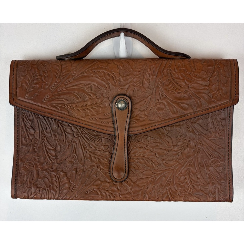 Vintage Briefcase Tooled Leather Brown Steampunk Bag Messenger Satchel Office